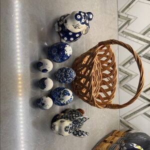 Polish pottery bunny and egg Ceramic Figurines with Wicker Basket